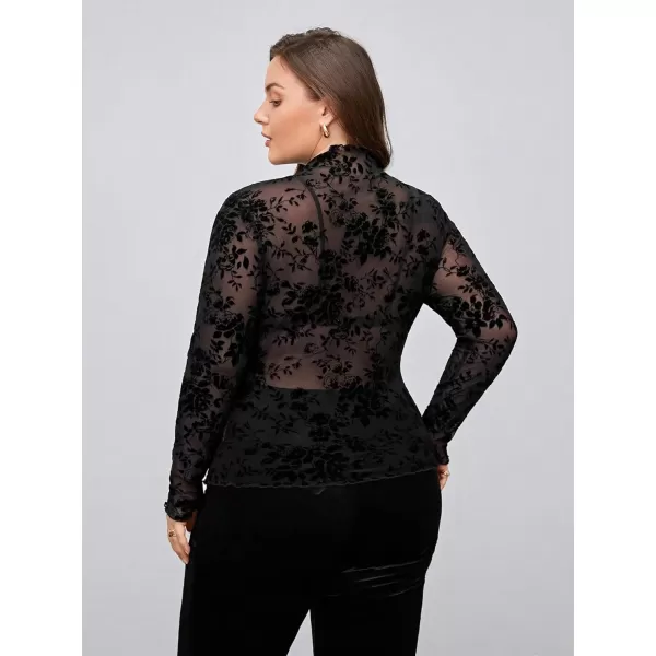 Floerns Women's Plus Size Leopard Print Mock Neck Mesh Long Sleeve Tee Shirt Top