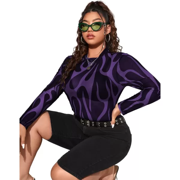 Floerns Women's Plus Size Leopard Print Mock Neck Mesh Long Sleeve Tee Shirt Top