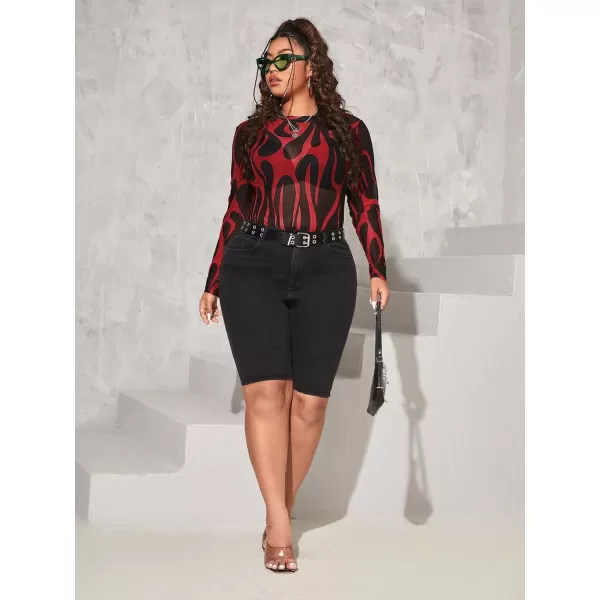 Floerns Women's Plus Size Leopard Print Mock Neck Mesh Long Sleeve Tee Shirt Top