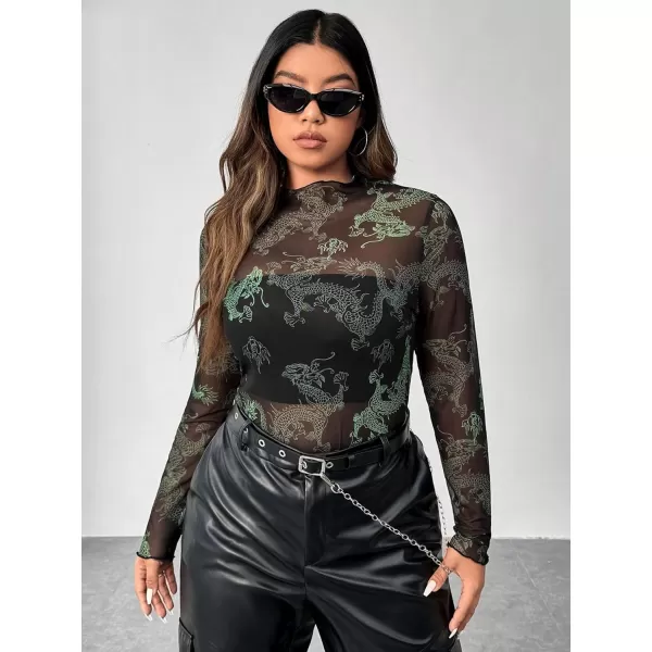 Floerns Women's Plus Size Leopard Print Mock Neck Mesh Long Sleeve Tee Shirt Top