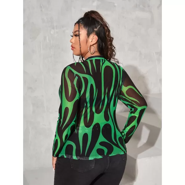 Floerns Women's Plus Size Leopard Print Mock Neck Mesh Long Sleeve Tee Shirt Top
