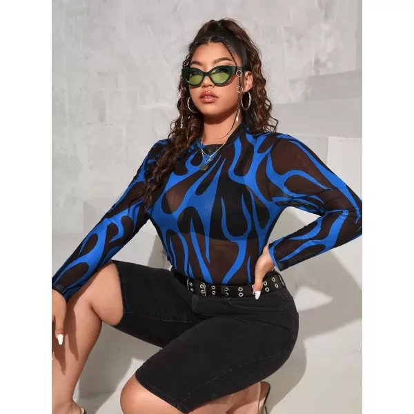 Floerns Women's Plus Size Leopard Print Mock Neck Mesh Long Sleeve Tee Shirt Top