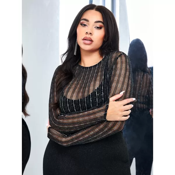 Floerns Women's Plus Size Leopard Print Mock Neck Mesh Long Sleeve Tee Shirt Top