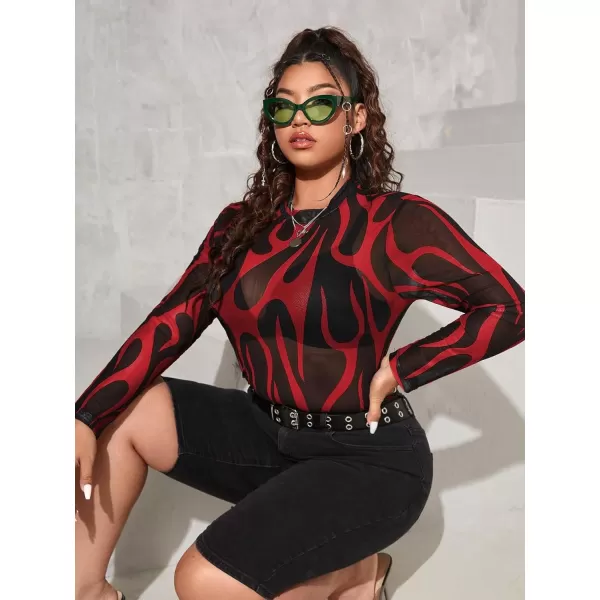 Floerns Women's Plus Size Leopard Print Mock Neck Mesh Long Sleeve Tee Shirt Top