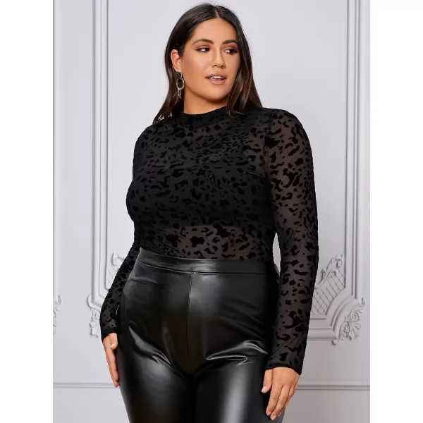 Floerns Women's Plus Size Leopard Print Mock Neck Mesh Long Sleeve Tee Shirt Top