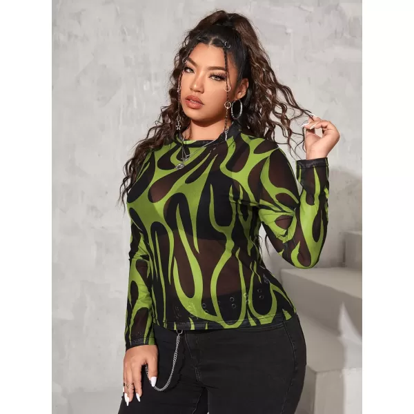 Floerns Women's Plus Size Leopard Print Mock Neck Mesh Long Sleeve Tee Shirt Top