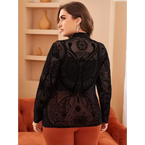 Floerns Women's Plus Size Leopard Print Mock Neck Mesh Long Sleeve Tee Shirt Top