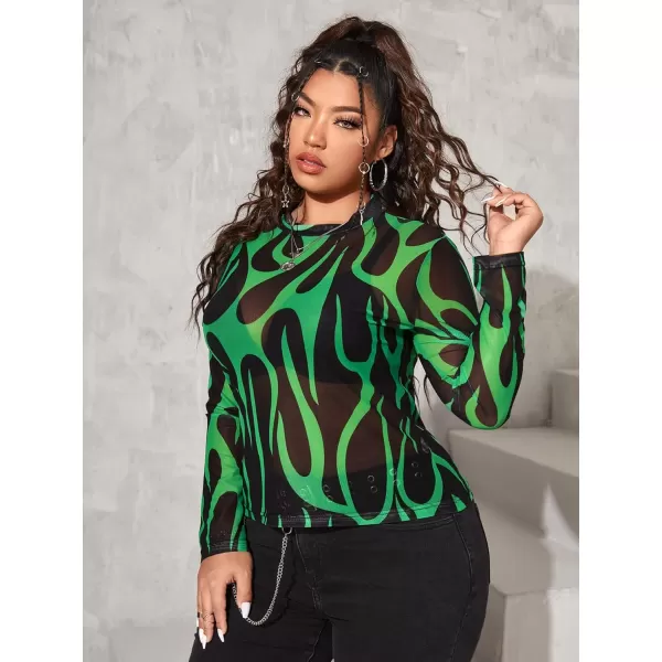 Floerns Women's Plus Size Leopard Print Mock Neck Mesh Long Sleeve Tee Shirt Top