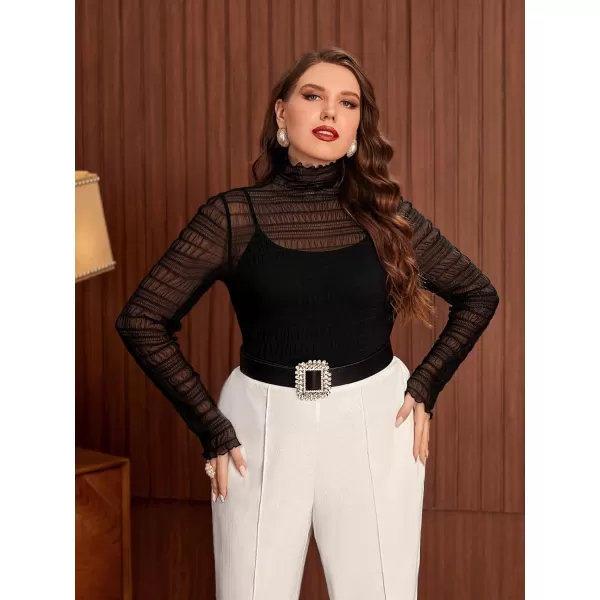 Floerns Women's Plus Size Leopard Print Mock Neck Mesh Long Sleeve Tee Shirt Top