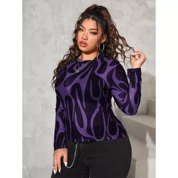 Floerns Women's Plus Size Leopard Print Mock Neck Mesh Long Sleeve Tee Shirt Top