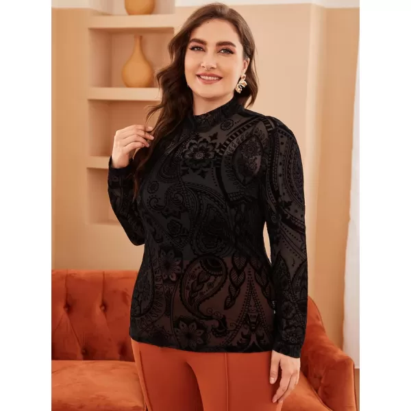 Floerns Women's Plus Size Leopard Print Mock Neck Mesh Long Sleeve Tee Shirt Top
