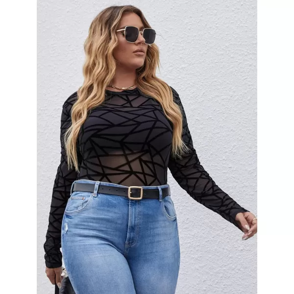 Floerns Women's Plus Size Leopard Print Mock Neck Mesh Long Sleeve Tee Shirt Top