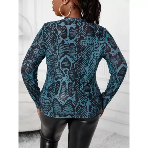 Floerns Women's Plus Size Leopard Print Mock Neck Mesh Long Sleeve Tee Shirt Top