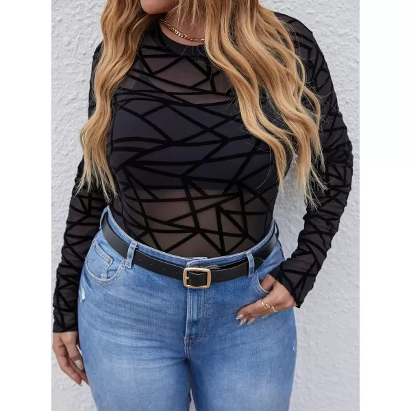 Floerns Women's Plus Size Leopard Print Mock Neck Mesh Long Sleeve Tee Shirt Top