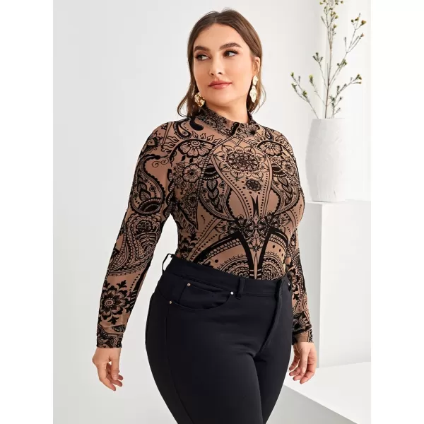 Floerns Women's Plus Size Leopard Print Mock Neck Mesh Long Sleeve Tee Shirt Top