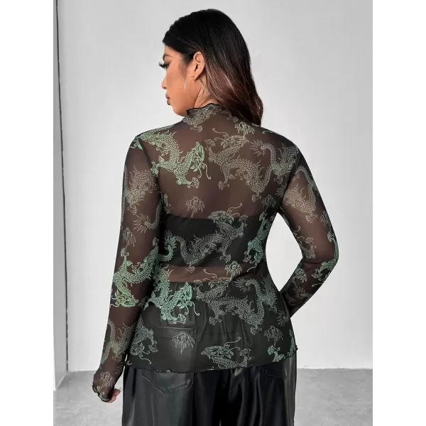 Floerns Women's Plus Size Leopard Print Mock Neck Mesh Long Sleeve Tee Shirt Top