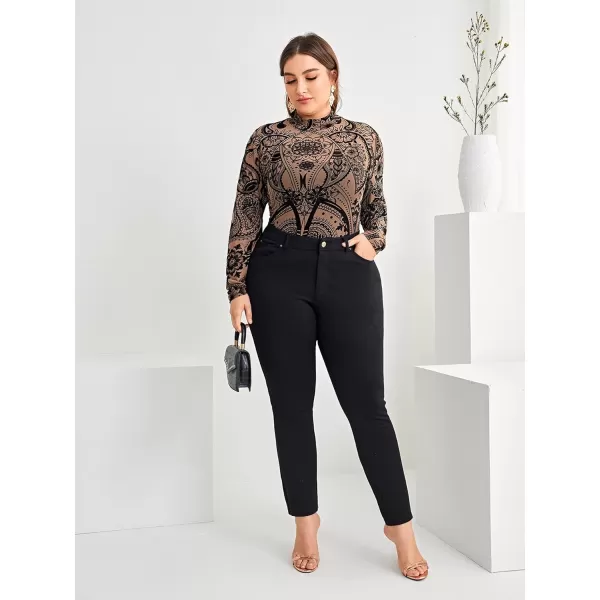 Floerns Women's Plus Size Leopard Print Mock Neck Mesh Long Sleeve Tee Shirt Top