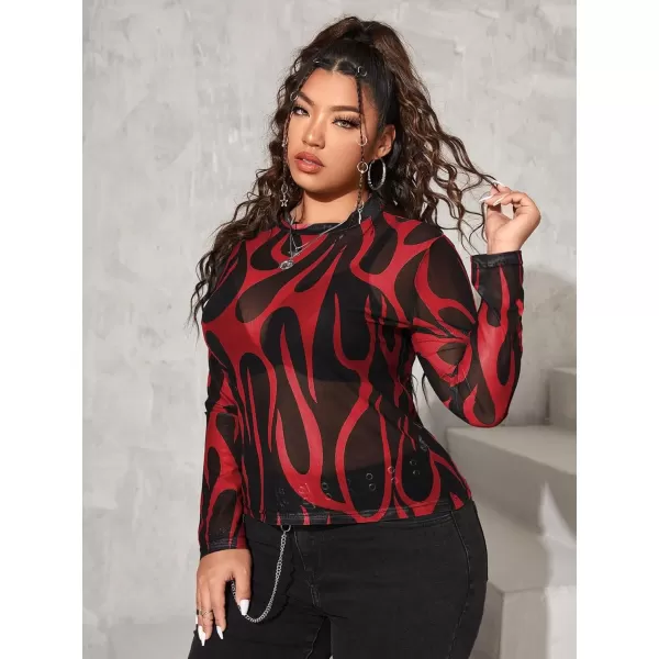 Floerns Women's Plus Size Leopard Print Mock Neck Mesh Long Sleeve Tee Shirt Top