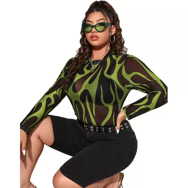 Floerns Women's Plus Size Leopard Print Mock Neck Mesh Long Sleeve Tee Shirt Top