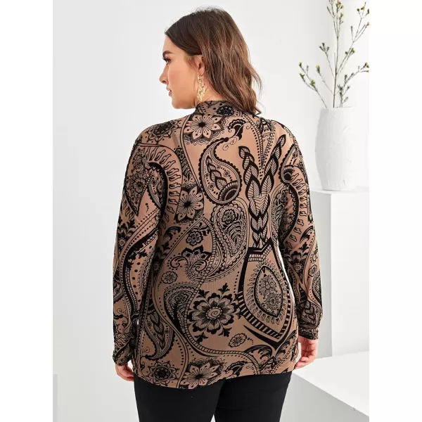 Floerns Women's Plus Size Leopard Print Mock Neck Mesh Long Sleeve Tee Shirt Top