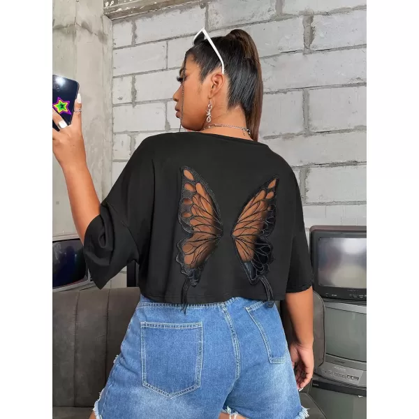 Floerns Women's Plus Size Mesh Butterfly Embroidered Short Sleeve Relaxed Crop Top
