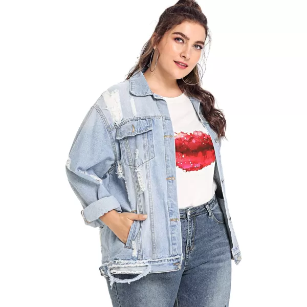 Floerns Women's Plus Size Ripped Distressed Long Sleeve Denim Jacket