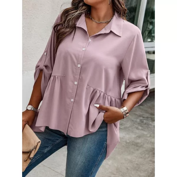 Floerns Women's Plus Size Roll Up Long Sleeve Button Front Ruffle Hem Shirt Top