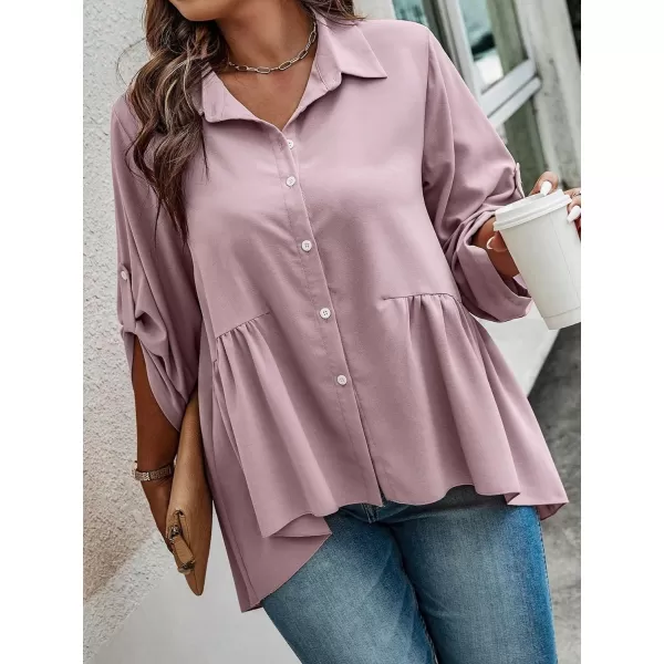 Floerns Women's Plus Size Roll Up Long Sleeve Button Front Ruffle Hem Shirt Top