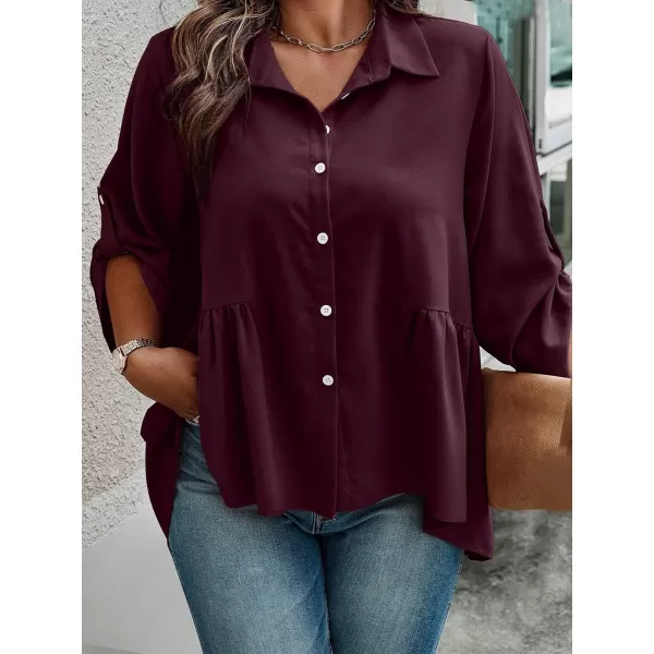 Floerns Women's Plus Size Roll Up Long Sleeve Button Front Ruffle Hem Shirt Top