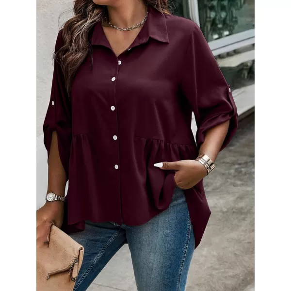 Floerns Women's Plus Size Roll Up Long Sleeve Button Front Ruffle Hem Shirt Top