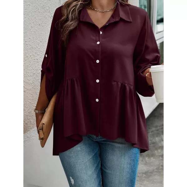 Floerns Women's Plus Size Roll Up Long Sleeve Button Front Ruffle Hem Shirt Top