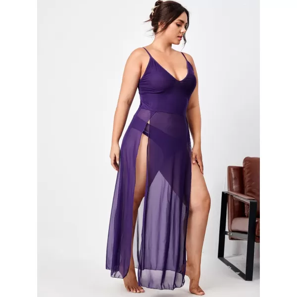 Floerns Women's Plus Size Sexy Lace Sleeveless Split Long Mesh Lingerie Dress