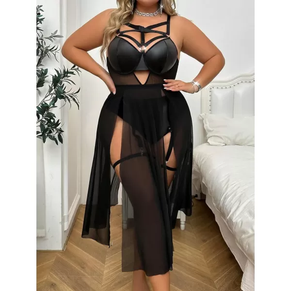 Floerns Women's Plus Size Sexy Lace Sleeveless Split Long Mesh Lingerie Dress