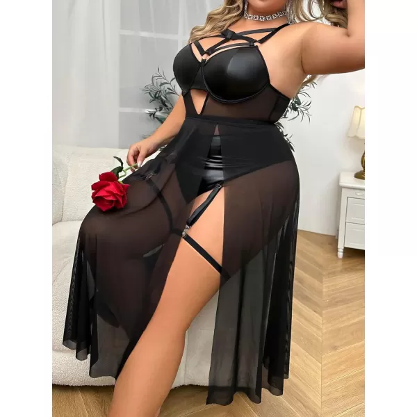 Floerns Women's Plus Size Sexy Lace Sleeveless Split Long Mesh Lingerie Dress