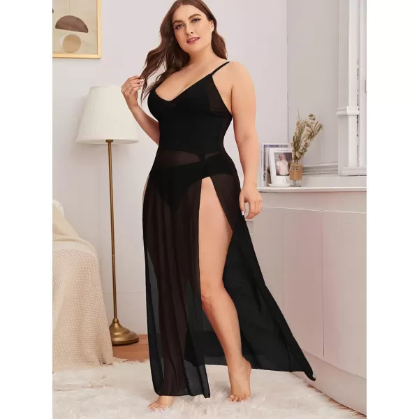 Floerns Women's Plus Size Sexy Lace Sleeveless Split Long Mesh Lingerie Dress