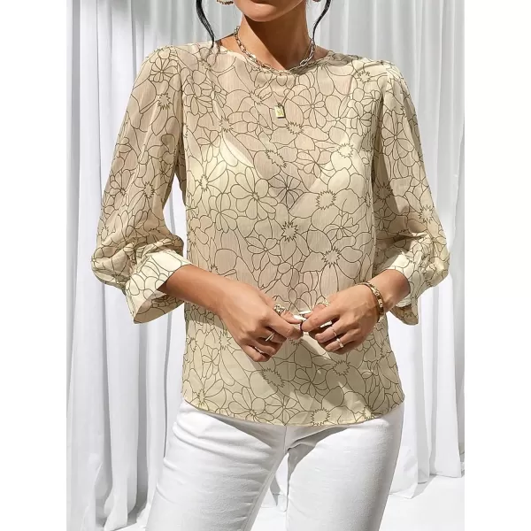 Floerns Women's Puff 3/4 Sleeve Sheer Mesh Round Neck Allover Print Blouse Top