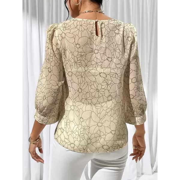 Floerns Women's Puff 3/4 Sleeve Sheer Mesh Round Neck Allover Print Blouse Top