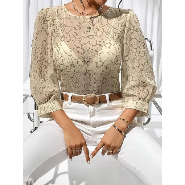 Floerns Women's Puff 3/4 Sleeve Sheer Mesh Round Neck Allover Print Blouse Top