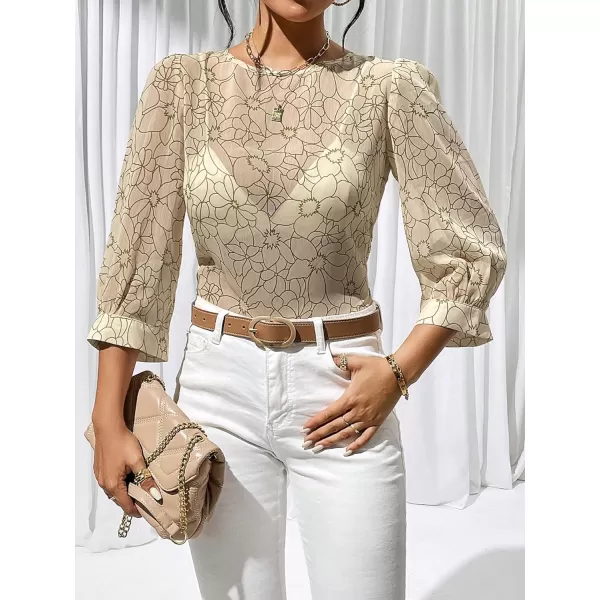 Floerns Women's Puff 3/4 Sleeve Sheer Mesh Round Neck Allover Print Blouse Top
