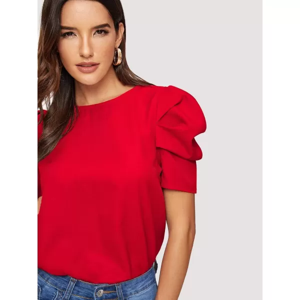 Floerns Women's Round Neck Short Puff Sleeve Keyhole Back Blouse Tops