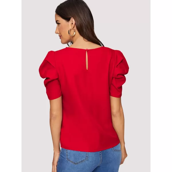 Floerns Women's Round Neck Short Puff Sleeve Keyhole Back Blouse Tops