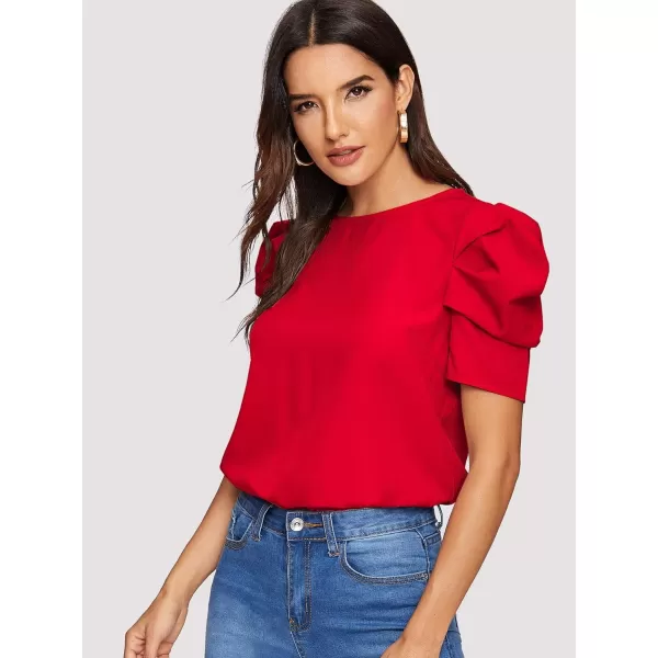 Floerns Women's Round Neck Short Puff Sleeve Keyhole Back Blouse Tops