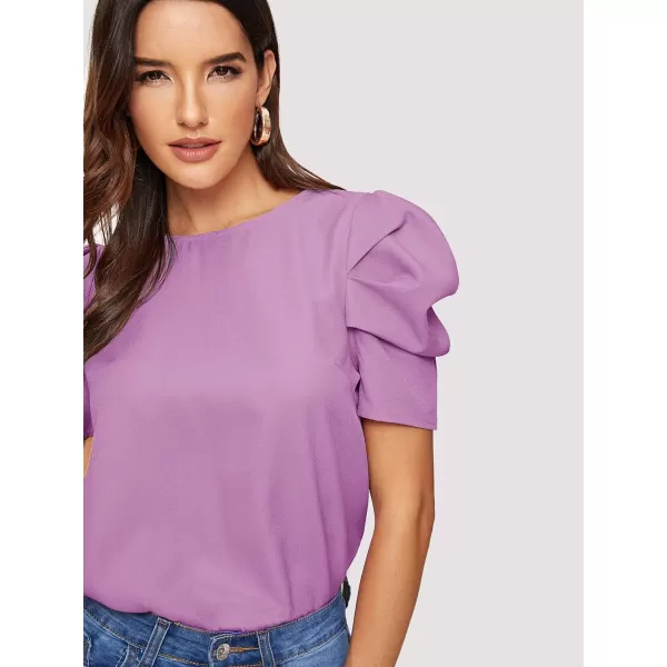 Floerns Women's Round Neck Short Puff Sleeve Keyhole Back Blouse Tops