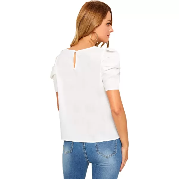 Floerns Women's Round Neck Short Puff Sleeve Keyhole Back Blouse Tops
