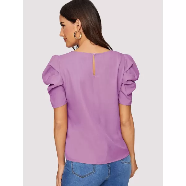 Floerns Women's Round Neck Short Puff Sleeve Keyhole Back Blouse Tops