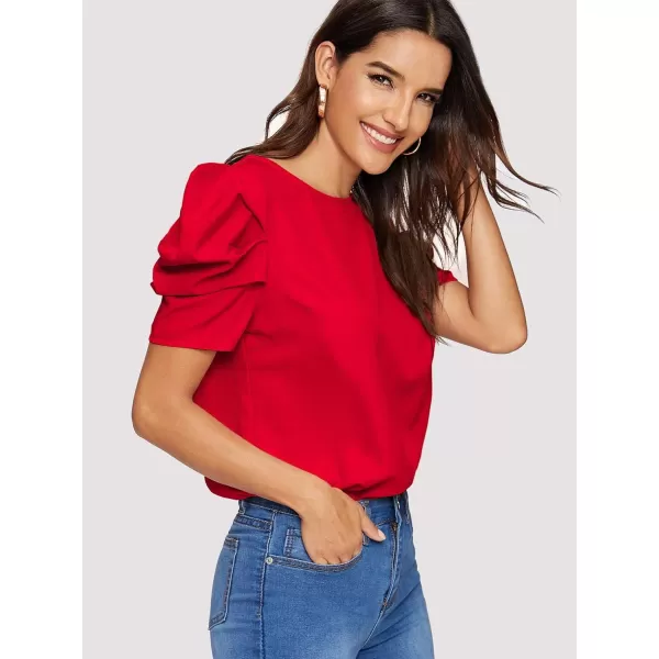 Floerns Women's Round Neck Short Puff Sleeve Keyhole Back Blouse Tops