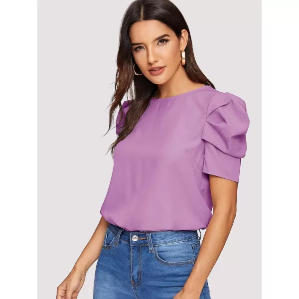 Floerns Women's Round Neck Short Puff Sleeve Keyhole Back Blouse Tops