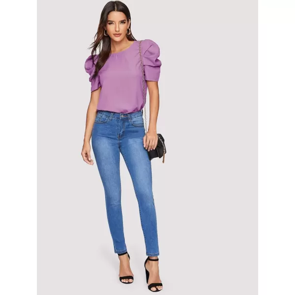 Floerns Women's Round Neck Short Puff Sleeve Keyhole Back Blouse Tops