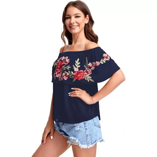 Floerns Women's Ruffle Off Shoulder Rose Embroidery Loose Blouse Top