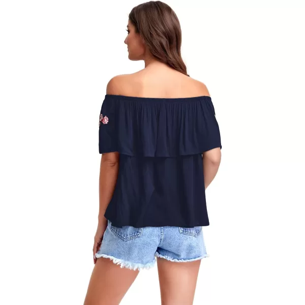 Floerns Women's Ruffle Off Shoulder Rose Embroidery Loose Blouse Top